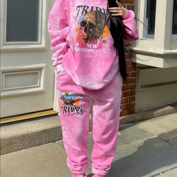 lovely wholesale Pants - Skull head pink two piece hoodie and sweats set